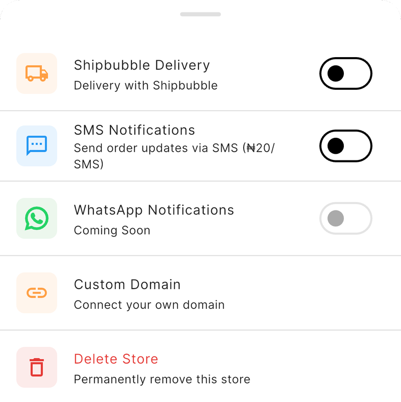 Store settings with Shipbubble Delivery, SMS Notifications and Custom Domain