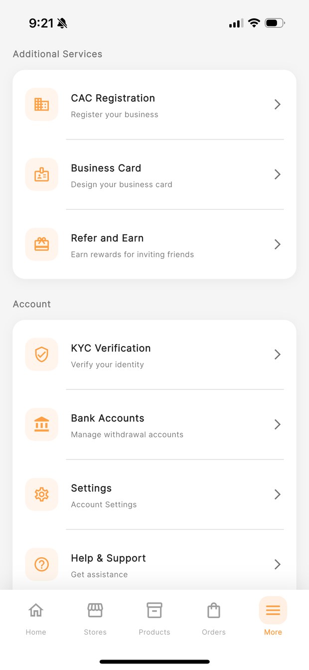 KarryBiz additional services and account menu